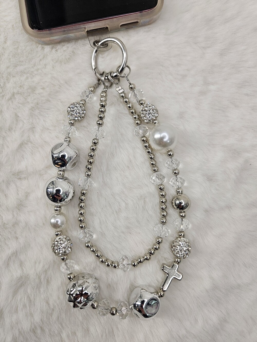 Silver Beaded Multi-Strand Charm Phone Wrislet with Crystal & Pearl Accents
